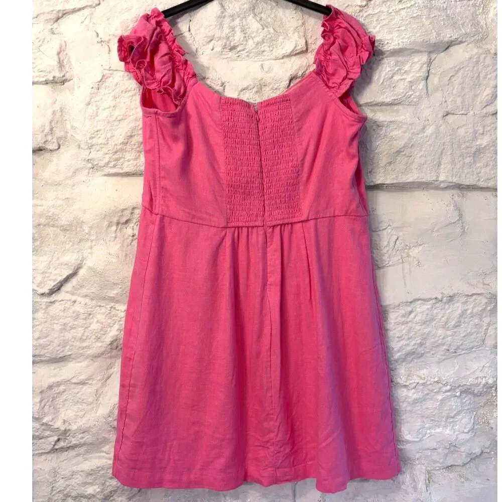 NWT Abercrombie & Fitch Pink Linen Blend Ruffle Sleeve Mini Dress Coquette Lg - Picture 4 of 5
